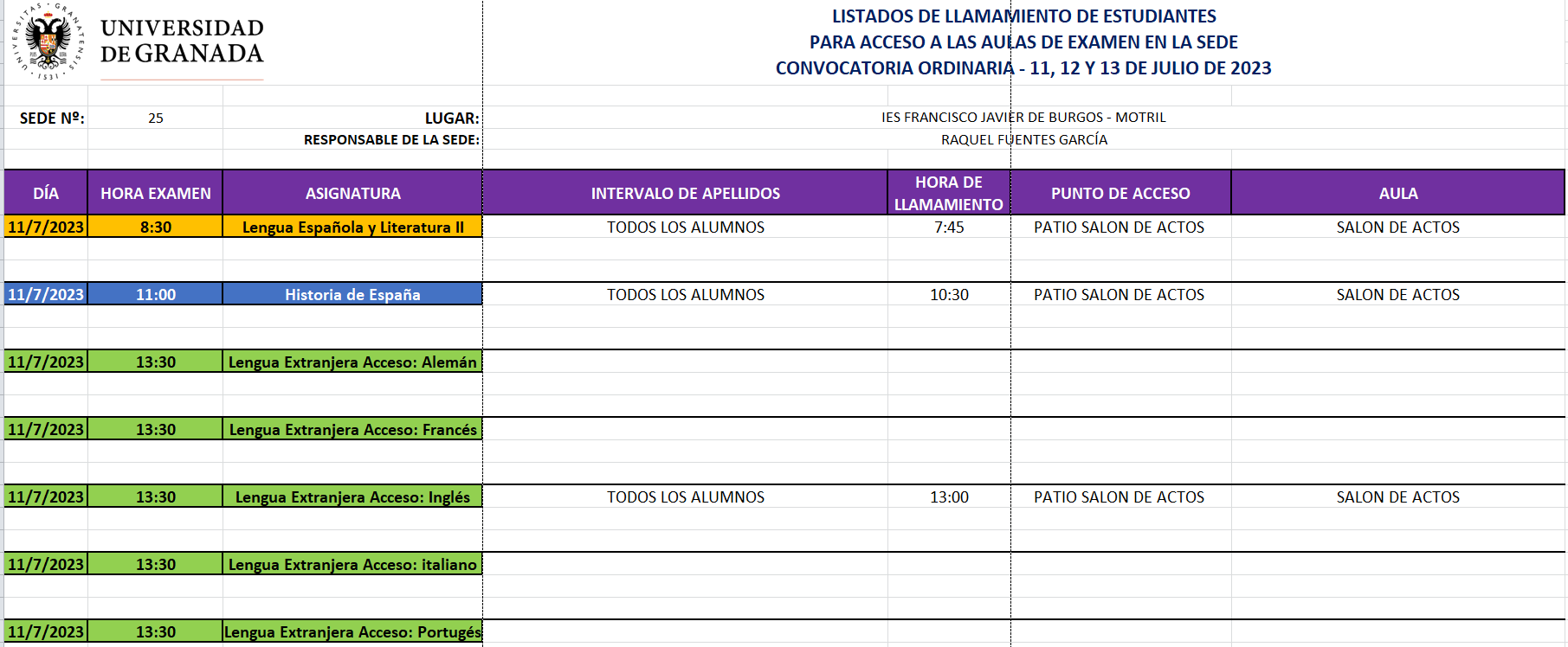 Calendario De PEvAU Extraordinaria 2023